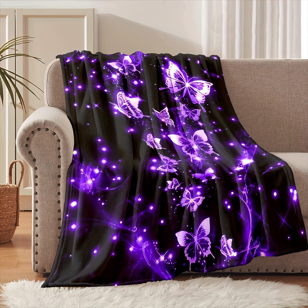 Glow-in-the-Dark Purple Butterfly Flannel Blanket - UV Glow Bedspread Suitable for Bed, Couch, Dorm - 280gsm All-Season Soft Throw with & Purple Glow Under Blacklight, Nighttime Comforter