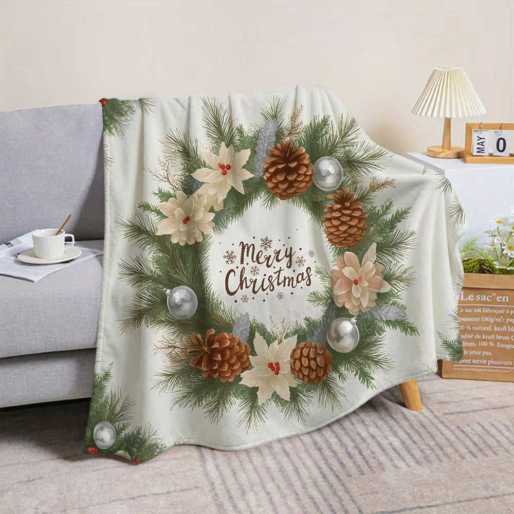 1 Christmas Wreath Patterned Blanket, Soft, Comfortable, and Warm, with a White and Green Design. A Four-season Universal Throw, a Warm Lap Blanket, Available in Multiple Sizes. Suitable for Living Room Sofas, Bedroom, Leisure Reading