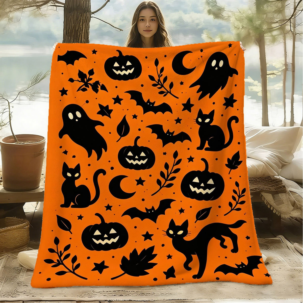 Halloween Fleece Blanket, Soft And Comfortable Throw, Pumpkin Cat Bat Pattern, Suitable for Office, Sofa, Living Room, Warm Decorative Item, Home Holiday Decor Gift
