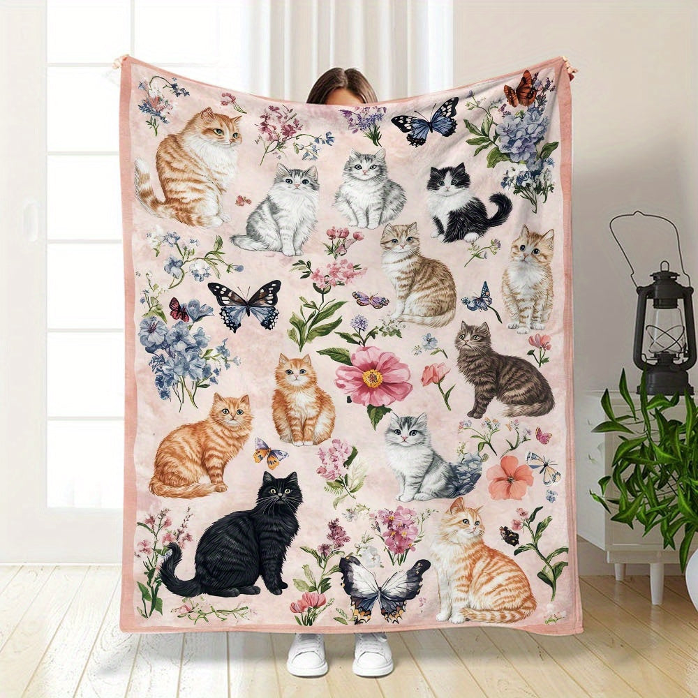 1pc Cozy Soft Fluffy Fleece Throw Blanket with Cute Cats And Floral Design - Light Pink Background, 250-300Gsm Polyester, Perfect for Couch, Sofa, Bed, Living Room - All-Season Comfort, Ideal Gift, Cat