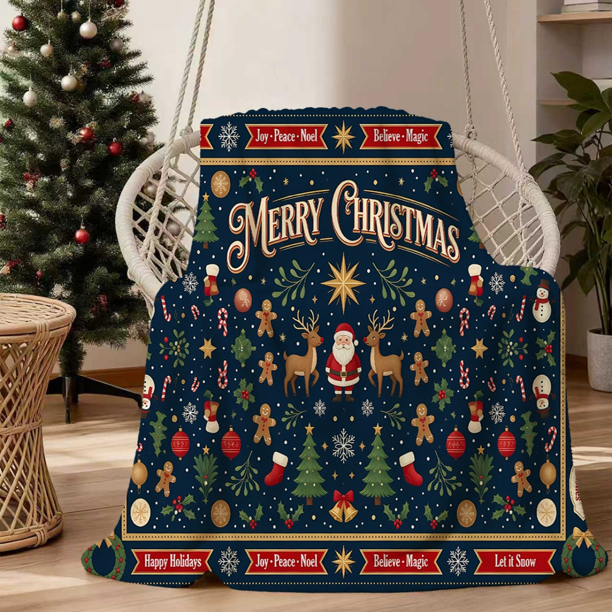 1pc, Santa And Reindeer Pattern Deep Blue Flannel Blanket, Soft Comfortable Warm, Festive Design, Durable Plush, All-Season Sofa Blanket, Warm Cover, Multiple Sizes Available, Suitable for Living Room Sofa, Bedroom, Reading Corner