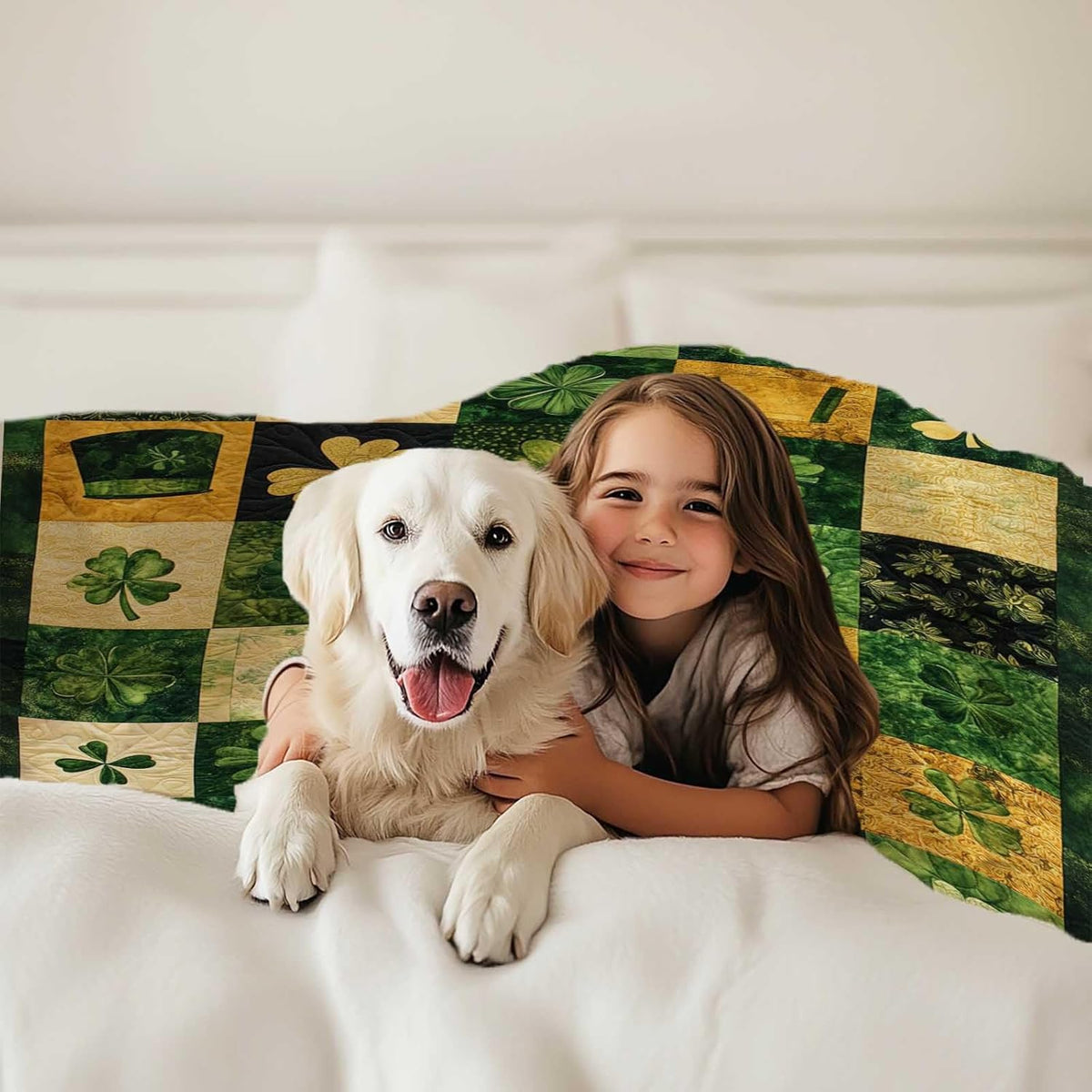 Classic Irish Shamrock Quilt Cover, Clover Patchwork Throw for St. Patrick'S Day, Comfortable And Warm Blanket for Living Room, Couch, Or Bedroom, Cheerful Green Decoration for All, 40X50 Inches
