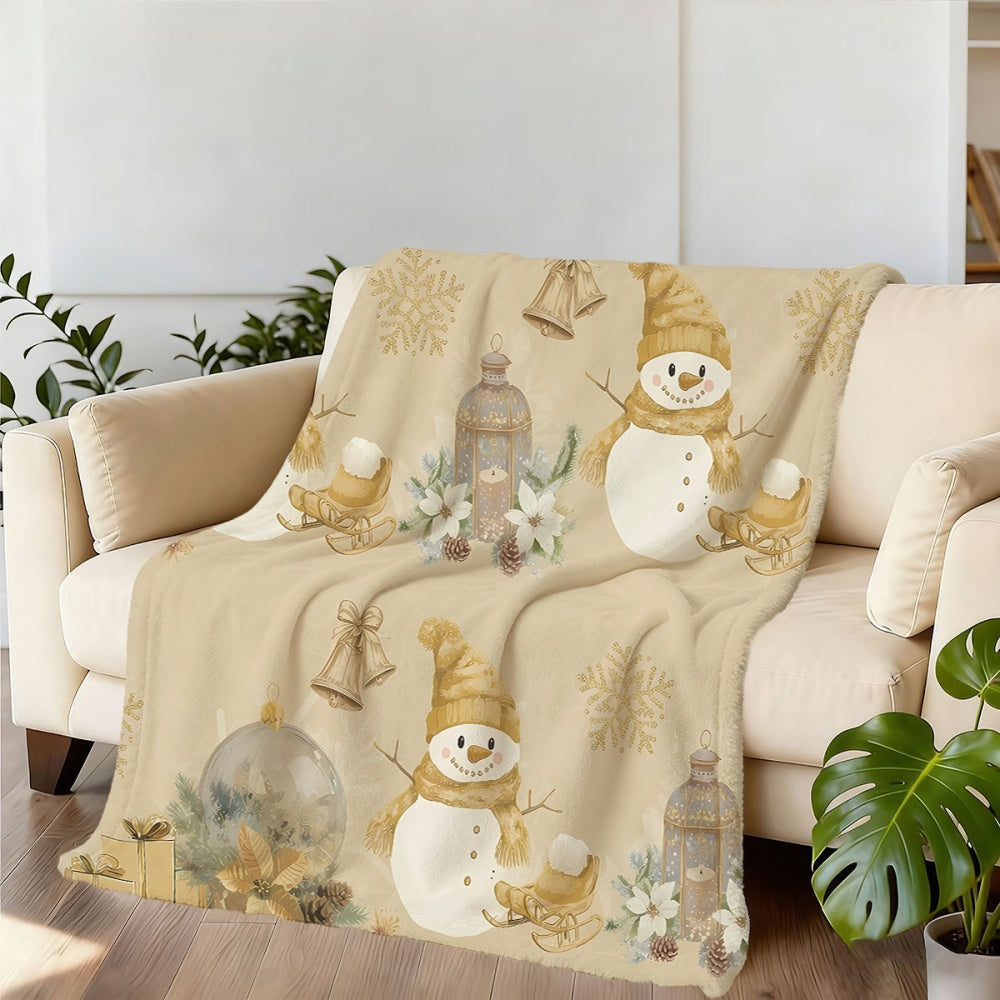 1pc Christmas Snowman And Bell Pattern Flannel Blanket, Soft Comfortable Warm, Beige Design, All-Season Blanket, Warm Cover, Multiple Sizes Available, Suitable for Living Room Sofa, Bedroom, Reading Area, Rest Area, And Leisure Area