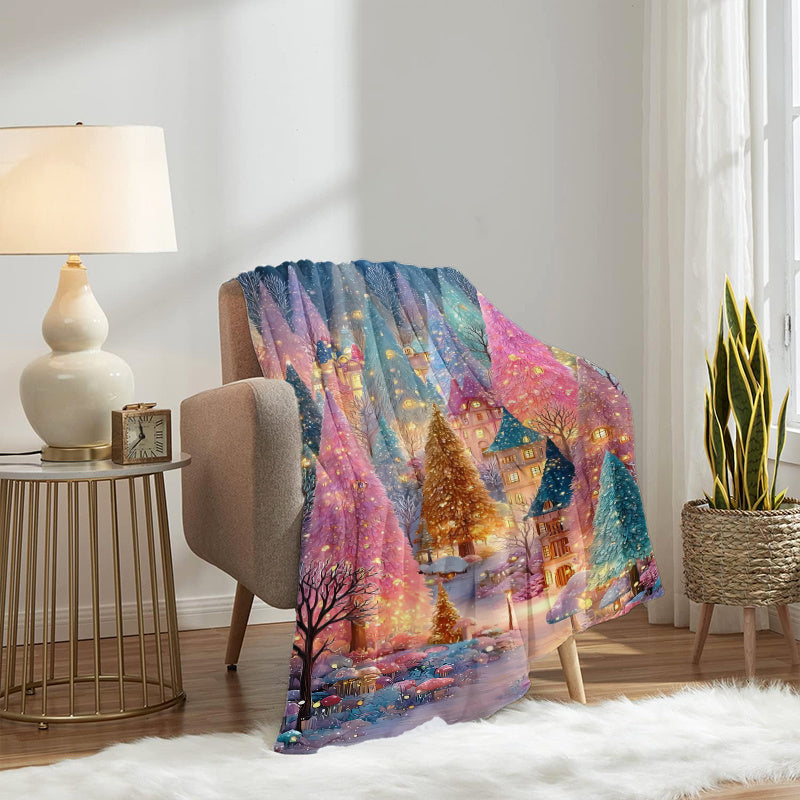 1pc Dreamy Christmas Forest Pattern Blue Design Flannel Large Blanket, Christmas Winter Decoration, Suitable for Weekend Sofa Naps, Movie and TV Entertainment Time, RV Travel