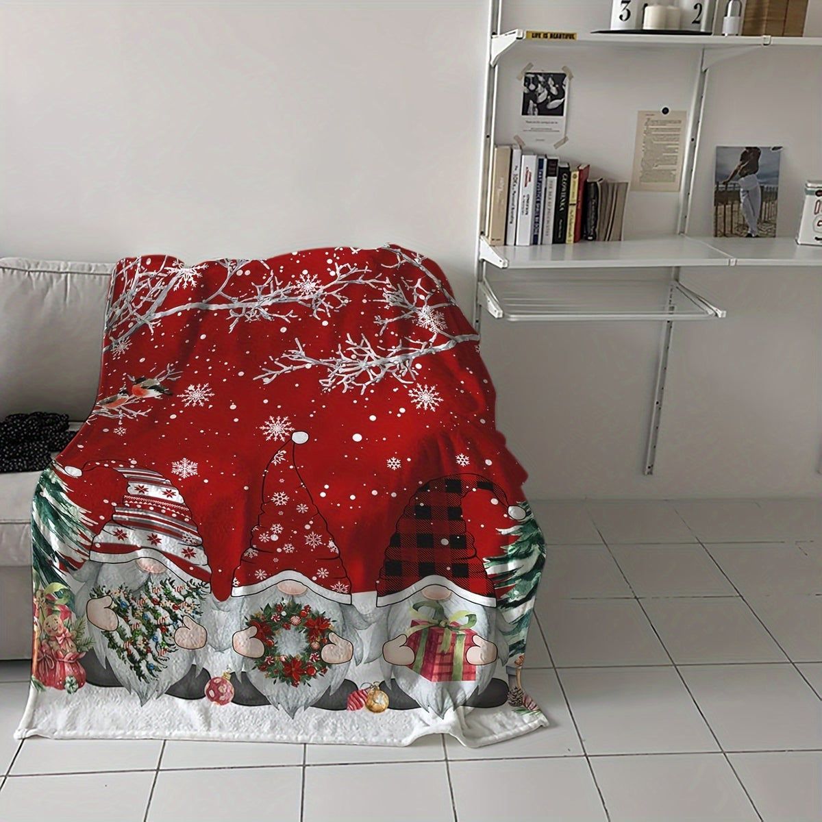 1pc, Christmas Elf and Snowy Tree Branch Pattern Red Flannel Blanket, Soft, Comfortable, and Warm, Festive Design, Durable Plush Surface, All-season Universal Sofa Blanket, Warm Throw Blanket, Multiple Sizes Available, Suitable for Living Room Sofas