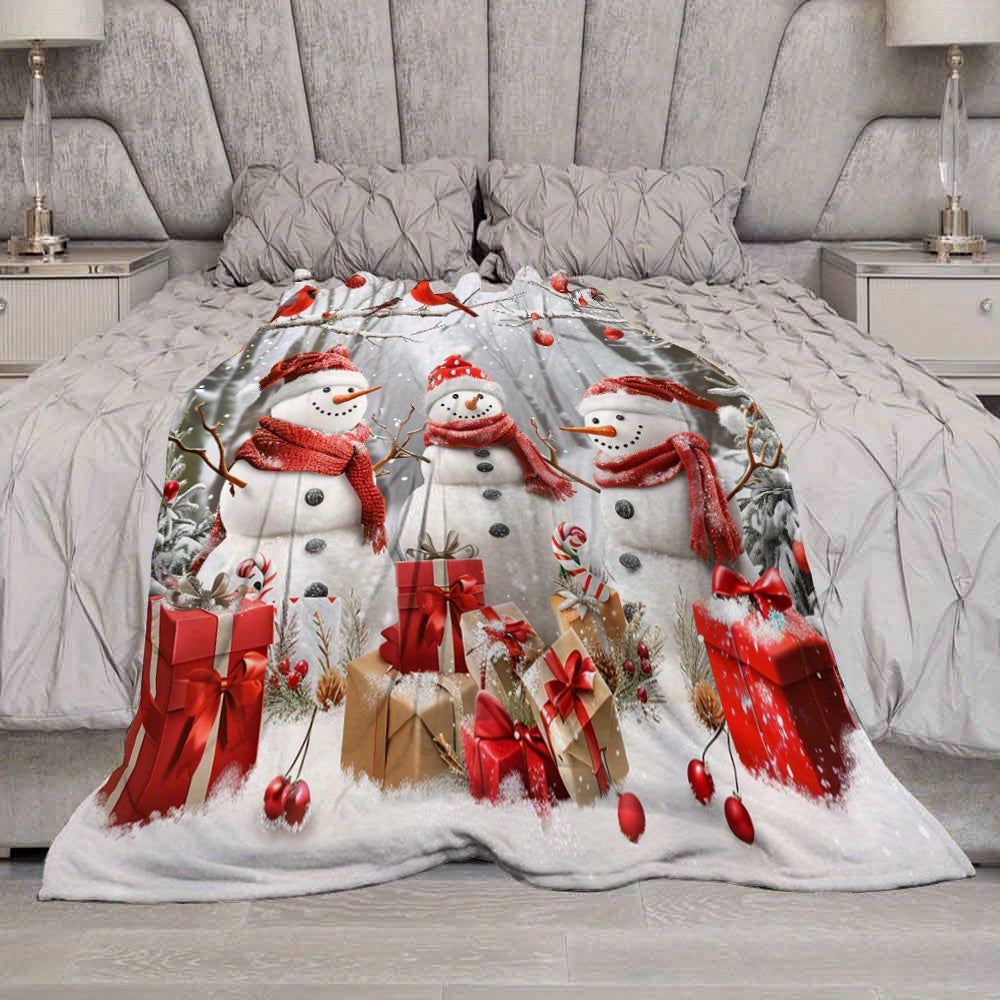 1pc Snowman And Gift Box Pattern Christmas Theme Beige Flannel Large Blanket, Winter Decor Design, Large Plush Throw Blanket, Suitable for Weekend Sofa Naps, Bedroom Bed Use, Living Room Sofa Blanket