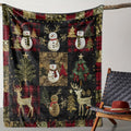 1pc, Christmas Snowman and Reindeer Pattern Flannel Blanket with Red Plaid Border, Soft, Comfortable, and Warm, Designed in Black, Red, and Golden as the Main Colors, with a Durable Plush Surface. A Four-season Universal Sofa Blanket and Warm Throw