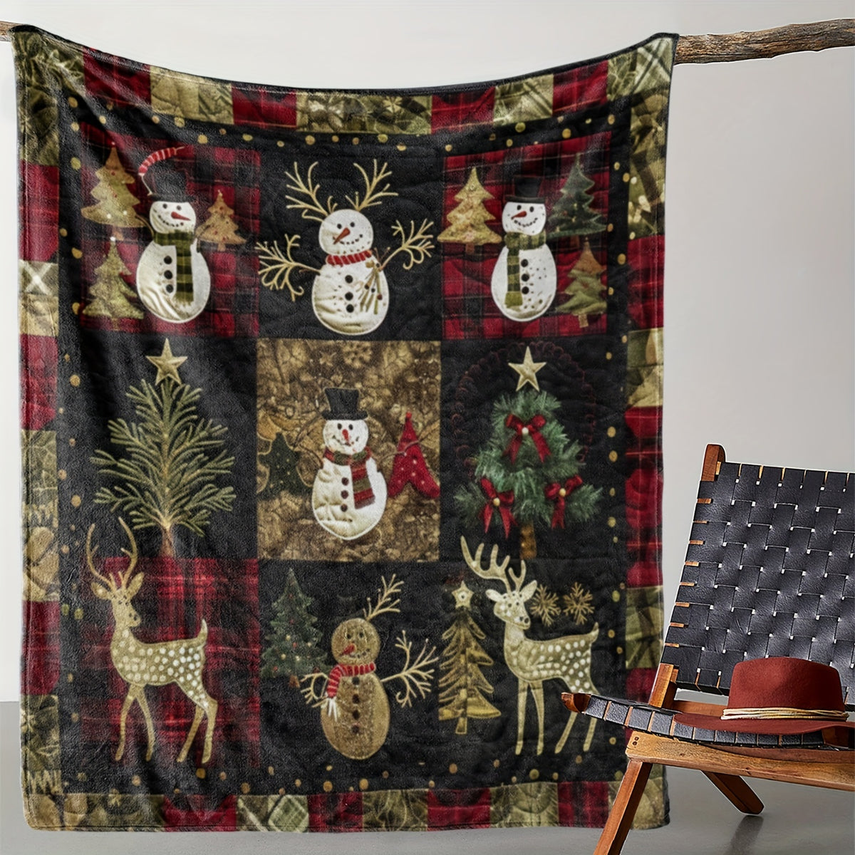 1pc, Christmas Snowman and Reindeer Pattern Flannel Blanket with Red Plaid Border, Soft, Comfortable, and Warm, Designed in Black, Red, and Golden as the Main Colors, with a Durable Plush Surface. A Four-season Universal Sofa Blanket and Warm Throw
