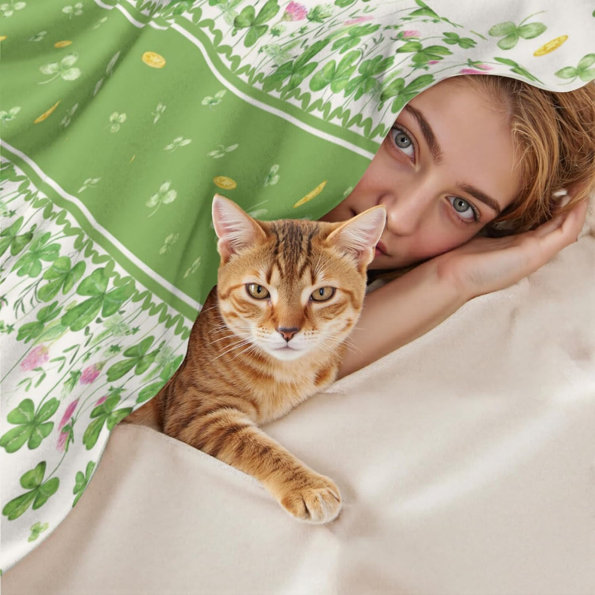 Green Shamrock Floral Throw Blanket | Lucky Green Clovers Golden Coin Farmhouse Decor Flannel Blanket 50x60 Inch Soft Sofa Fuzzy Warm and Cozy Throws for St Patricks Day Spring Couch and Gift