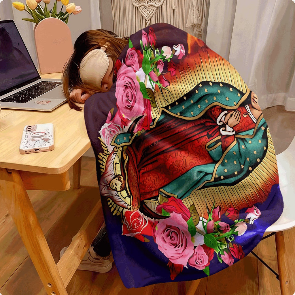 1pc Cozy Flannel Blanket with Our Lady of Guadalupe Print Surrounded by Roses, Vibrant Blue Orange Flame Background, Soft Warm Throw for Home Decoration