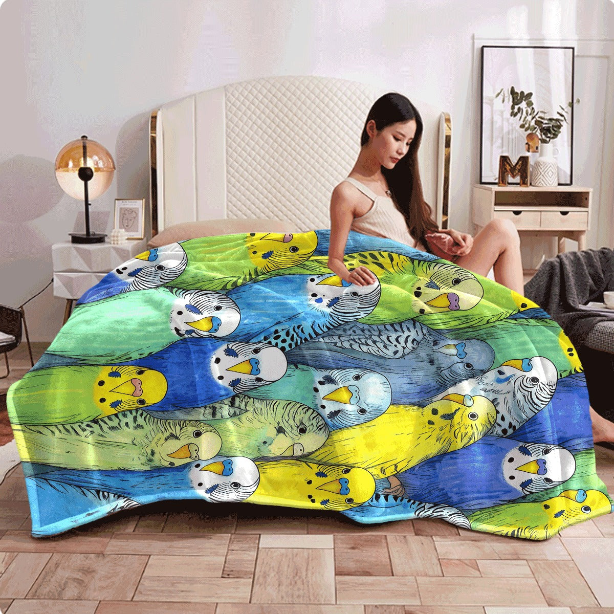 1pc Retro Parrot Collection Flannel Throw Blanket Soft Warm All-Season Couch Spread Machine Washable Polyester Blanket with Vintage Bird Patterns (Budgies Roosteratiels Lovebirds) for Home