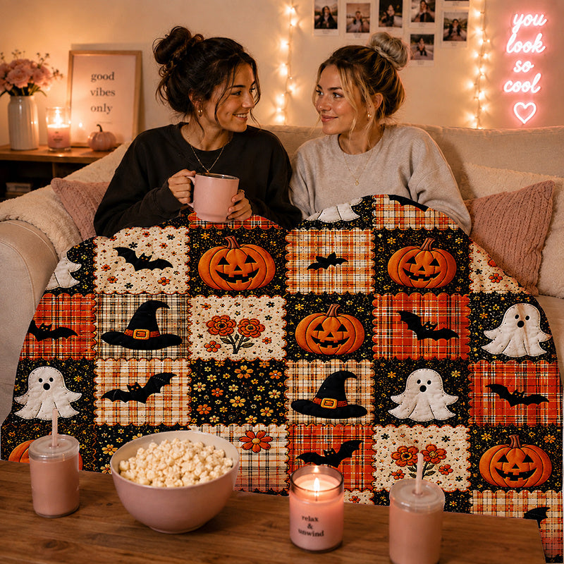 1pc Autumn Farmhouse Style Halloween Flannel Throw Blanket, Cream Plaid with Orange Pumpkins, Cute Ghosts, and Black Bats, Adorned with Vintage Floral Patterns, Suitable for Living Room, Bedroom, Dorm, Naps, Travel, and Daily Use
