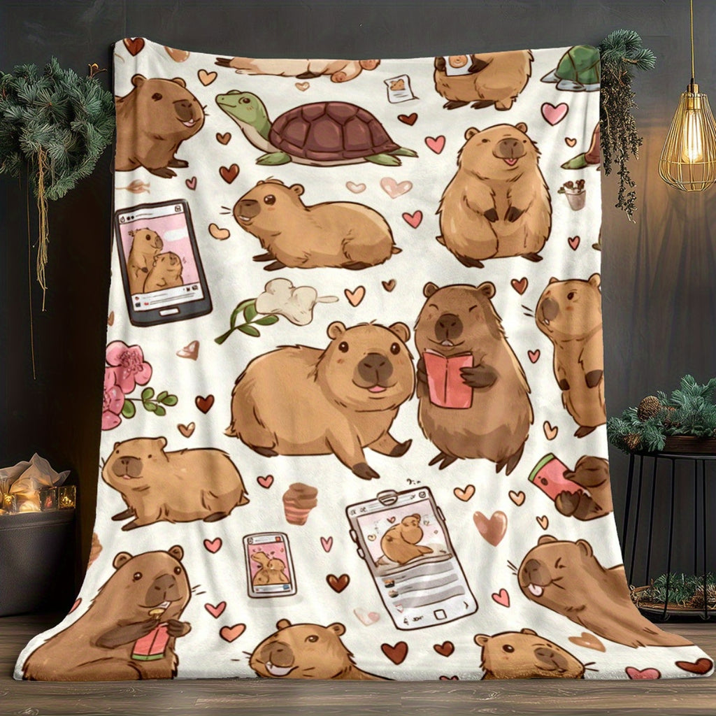 1pc Cute Capybara Patterned Blanket, Cartoon Design, Soft Plush, Flannel Material Lightweight And Durable, Multiple Sizes Available, Ideal for Christmas Holiday Decor And Gifting, Living Room Leisure, Bedroom Warmth, Office Nap