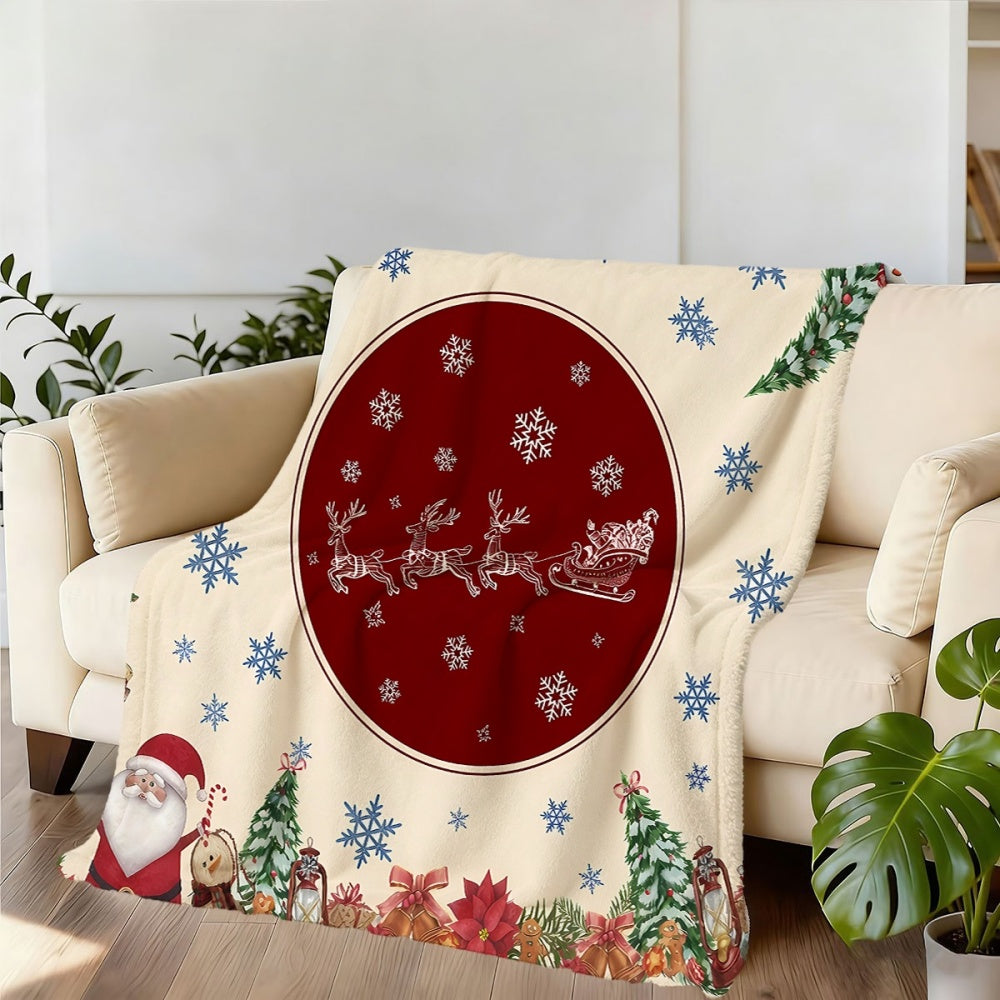 1pc, Santa Claus And Reindeer Sleigh Pattern, Red Round Design Flannel Blanket, Soft Comfortable Warm, Beige Base with Blue Snowflake Decor Style, Durable Plush, All-Season Sofa Blanket, Warm Cover, Multiple Sizes Available