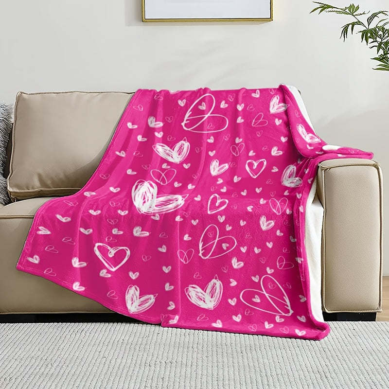 1pc Valentine'S Day Heart Pattern Plush Flannel Blanket | Soft, Comfortable, Cute Rectangular Polyester Throw Blanket, Suitable for All Seasons, Hand Wash Only, Digital Print, Fabric