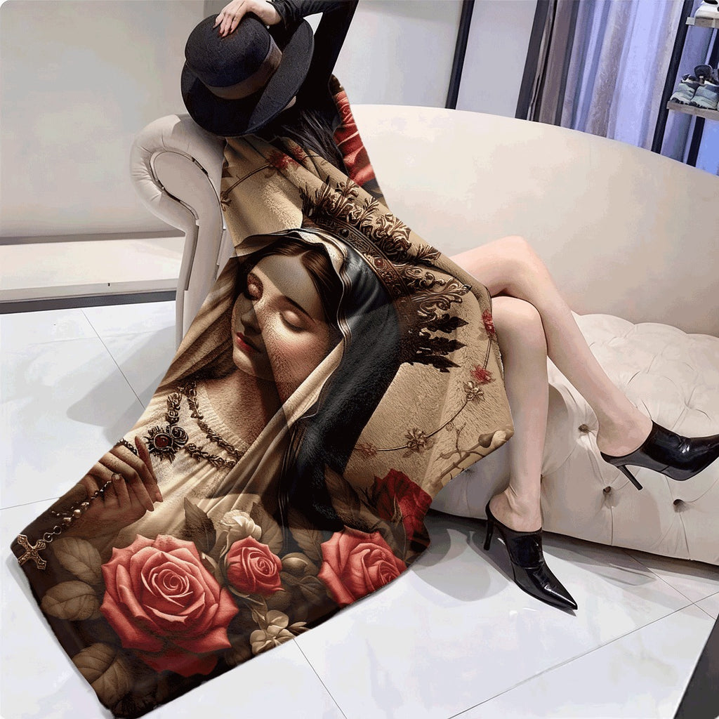 1pc Vintage Religious Virgin Mary Flannel Throw Blanket Soft Cozy with Crown Rosary Red Rose Print for Sofa Catholic Home Decor All-Season Warm Flannel Blanket