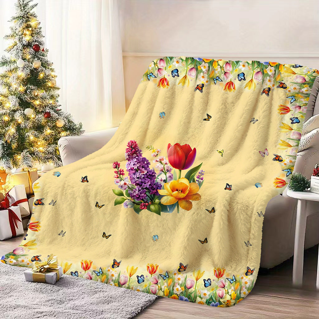 1pc Floral Butterfly Patterned Blanket, Spring Style Design, Soft Plush Surface, Flannel Material Lightweight And Durable, Multiple Sizes Available, Ideal for Holiday Gatherings, Living Room Leisure, Bedroom Sleep, Study Reading, Seasonal Home Decor
