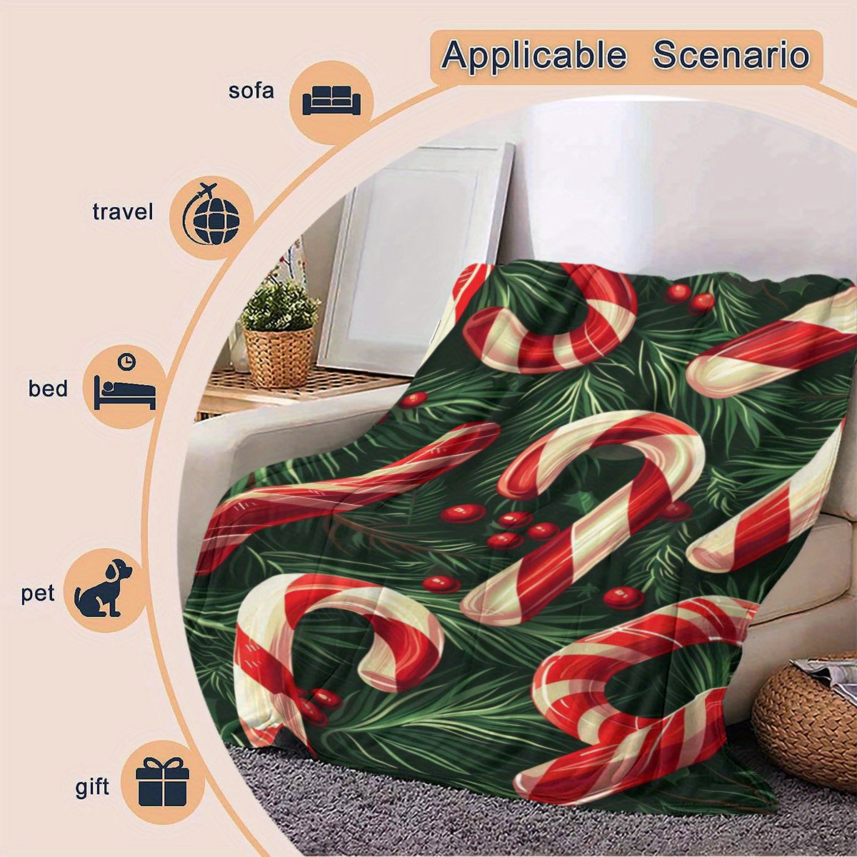 Christmas Candy Cane Theme Digital Printed Flannel Blanket - 100% Fiber, Suitable for Light and Warm Adaptation in All Seasons, Shop, Sofa and Other Scenes