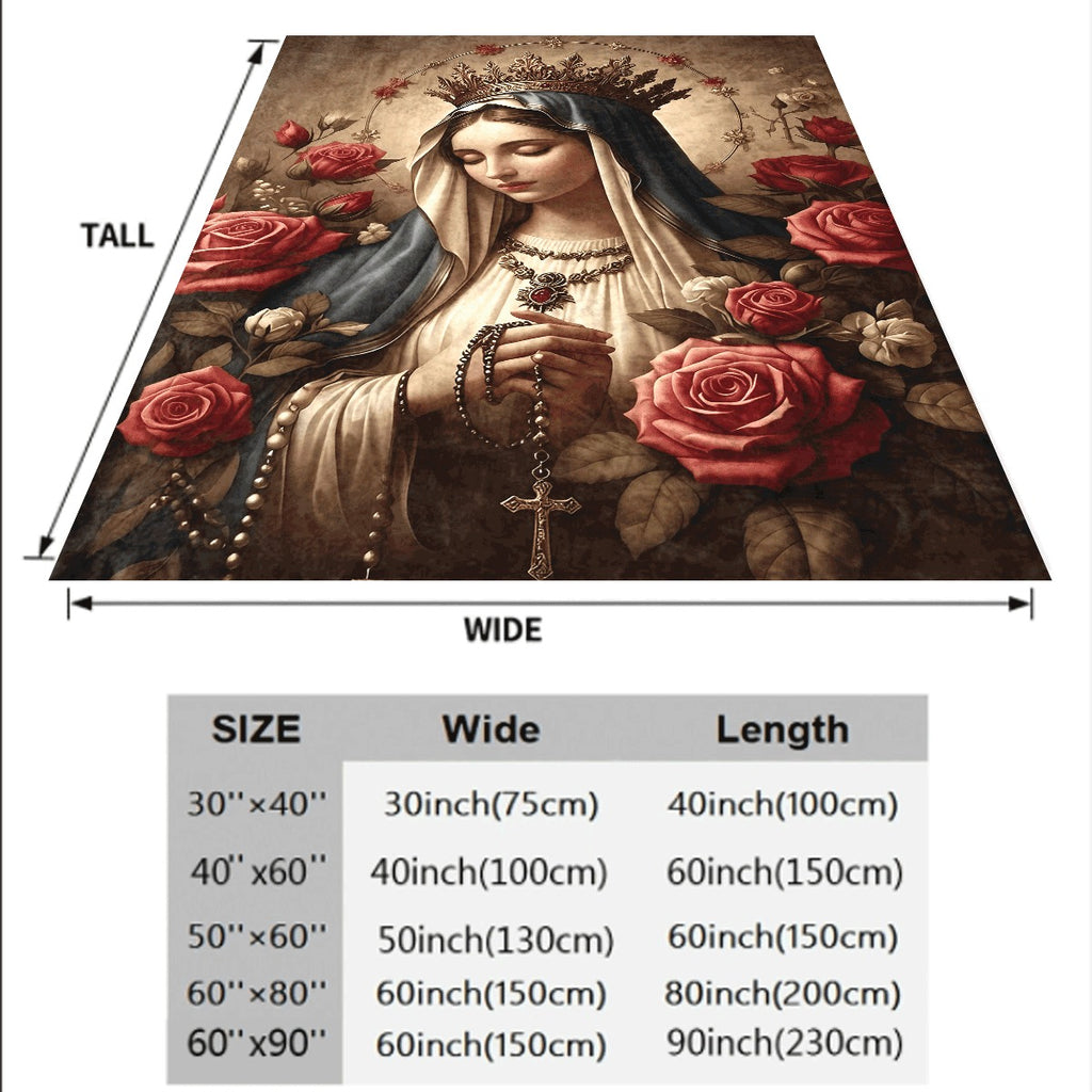 1pc Vintage Religious Virgin Mary Flannel Throw Blanket Soft Cozy with Crown Rosary Red Rose Print for Sofa Catholic Home Decor All-Season Warm Flannel Blanket