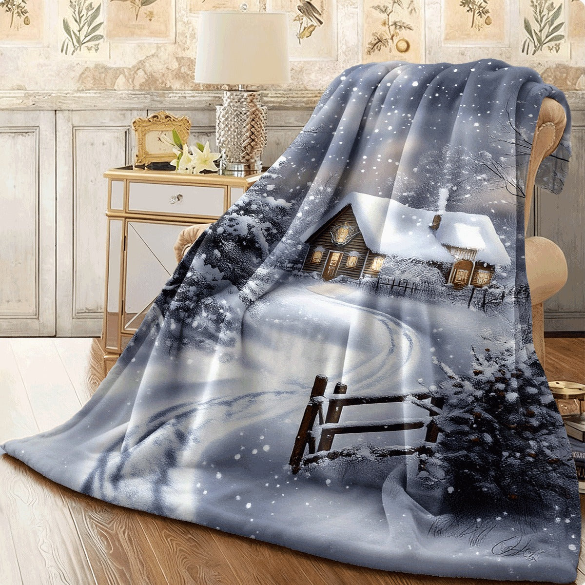 1pc 1pcs Winter Wonderland Fluffy Blanket Cozy Snowy Cabin Scene with Snow-Covered Trees & Falling Snowflakes Soft Flannel All-Season Thick Warm Spread for Sofa Travel Camping Winter