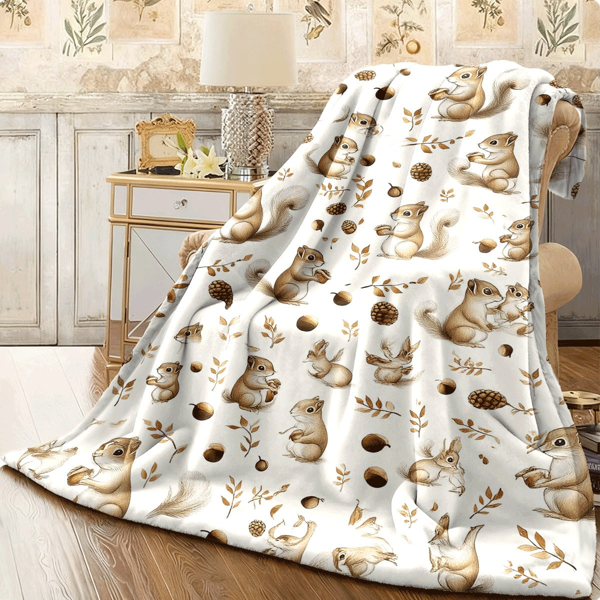 1pc Cozy Flannel Blanket with Cute Squirrel And Autumn Elements Print Soft Warm Throw for Sofa All-Season Lightweight Plush Fabric