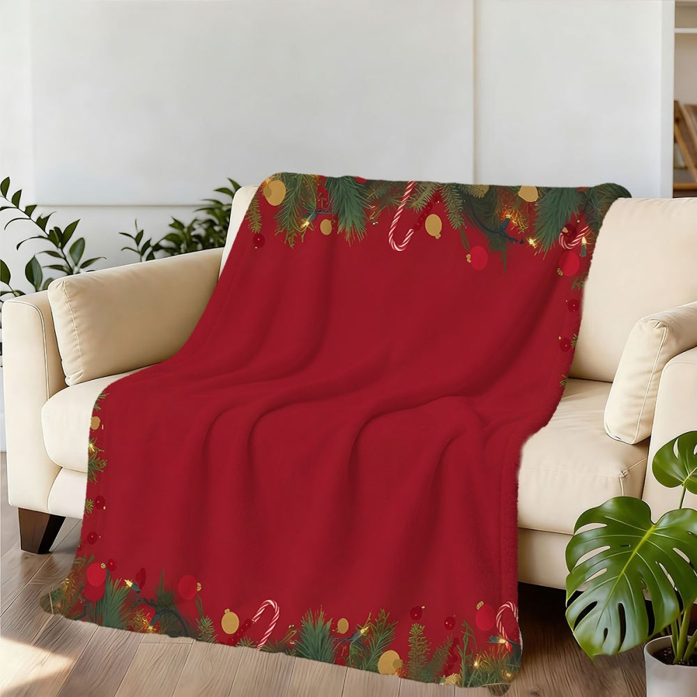 1pc Christmas Holiday Pine Branch Candy Pattern Red Flannel Blanket, Soft Comfortable Warm, Main Color Red Design, All-Season Blanket, Warm Cover, Multiple Sizes Available, Suitable for Living Room Sofa, Bedroom, Casual Reading