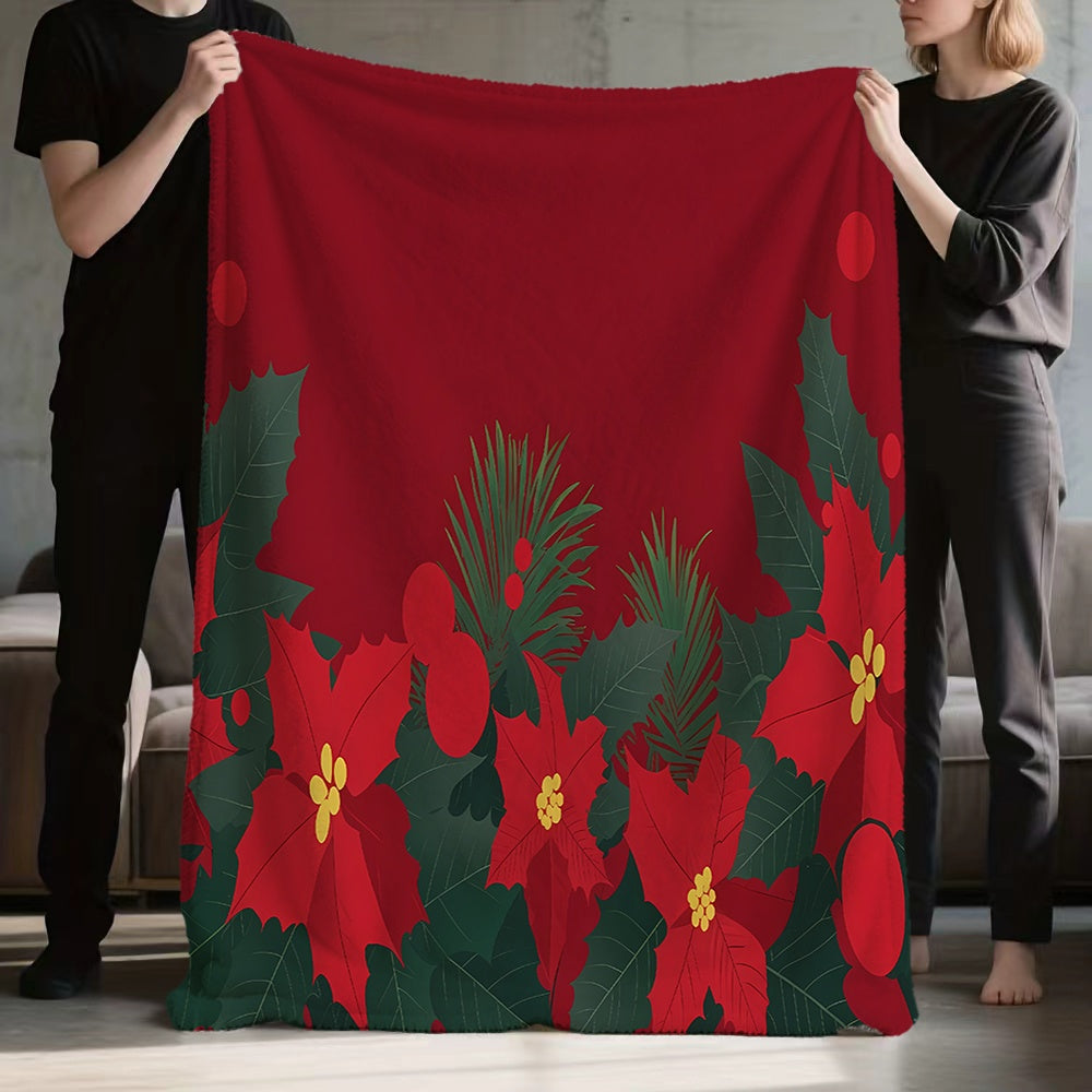 1pc Christmas Floral And Pine Branch Pattern Flannel Blanket, Soft Comfortable Warm, Red Festive Design, All-Season Sofa Blanket, Warm Cover, Multiple Sizes Available, Suitable for Living Room Sofa, Bedroom, Reading Corner, Leisure Time