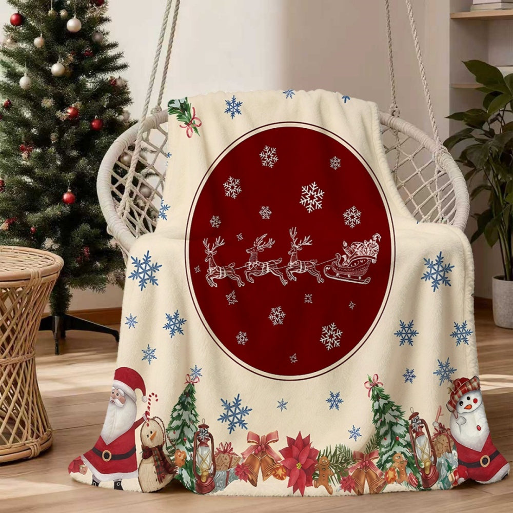 1pc, Santa Claus And Reindeer Sleigh Pattern, Red Round Design Flannel Blanket, Soft Comfortable Warm, Beige Base with Blue Snowflake Decor Style, Durable Plush, All-Season Sofa Blanket, Warm Cover, Multiple Sizes Available