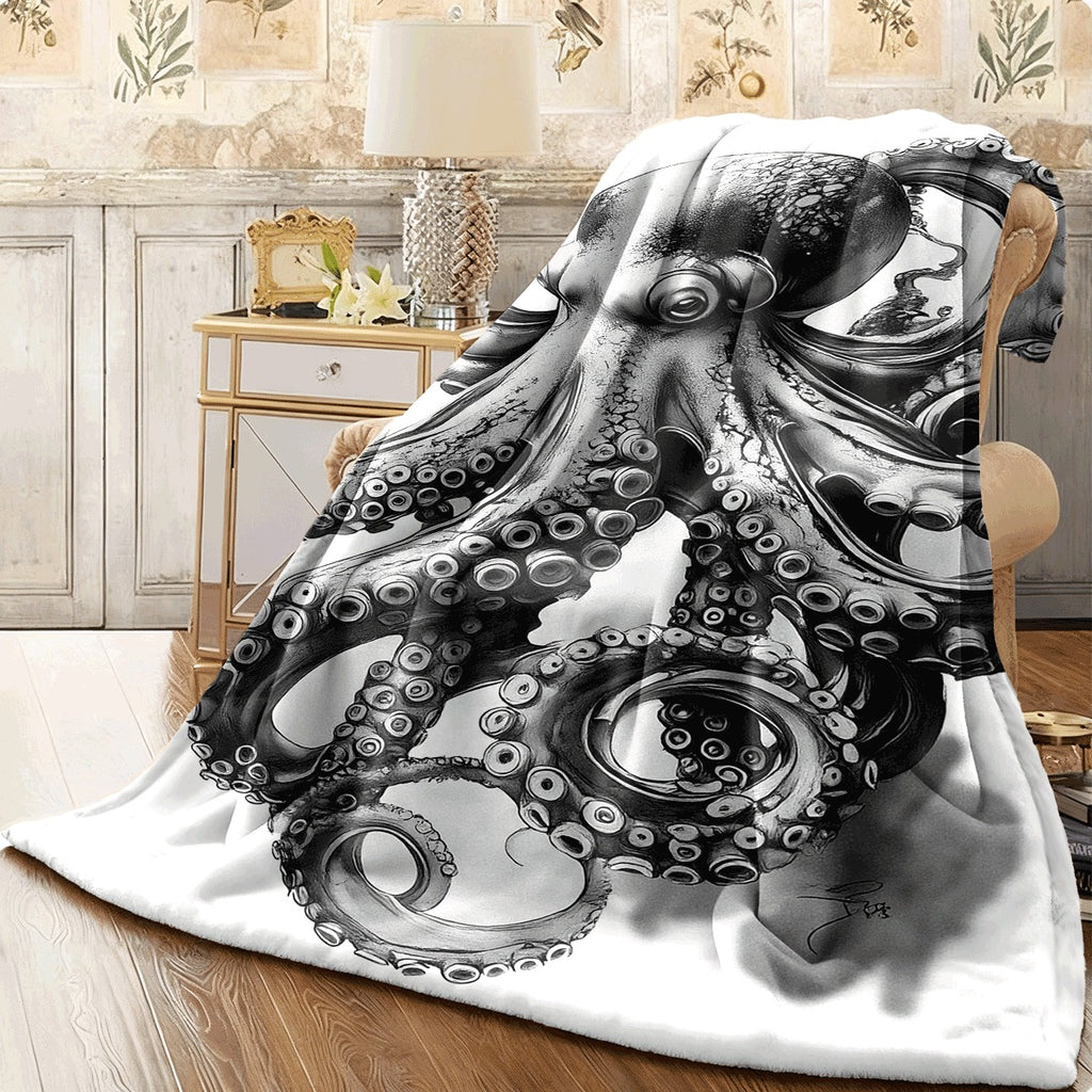 1pc Flannel Blanket, Majestic Octopus Sketch Realistic Tentacles, Big Eyes, Dynamic Movement, Soft Gray Background, Detailed Biological Design Pattern, Digital Print Cozy and Warm Throw for Sofa Or