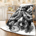 1pc Flannel Blanket, Majestic Octopus Sketch Realistic Tentacles, Big Eyes, Dynamic Movement, Soft Gray Background, Detailed Biological Design Pattern, Digital Print Cozy and Warm Throw for Sofa Or