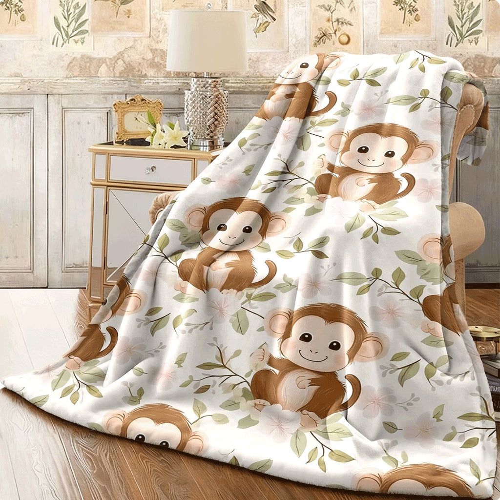 1pc Adorable Monkey And Floral Design Soft Small Blanket, Air Conditioning Blanket, Flannel Dormitory Office Nap Blanket, Printed Fleece Blanket, Gift Blanket for Friends, Hot-Selling Printed Flannel