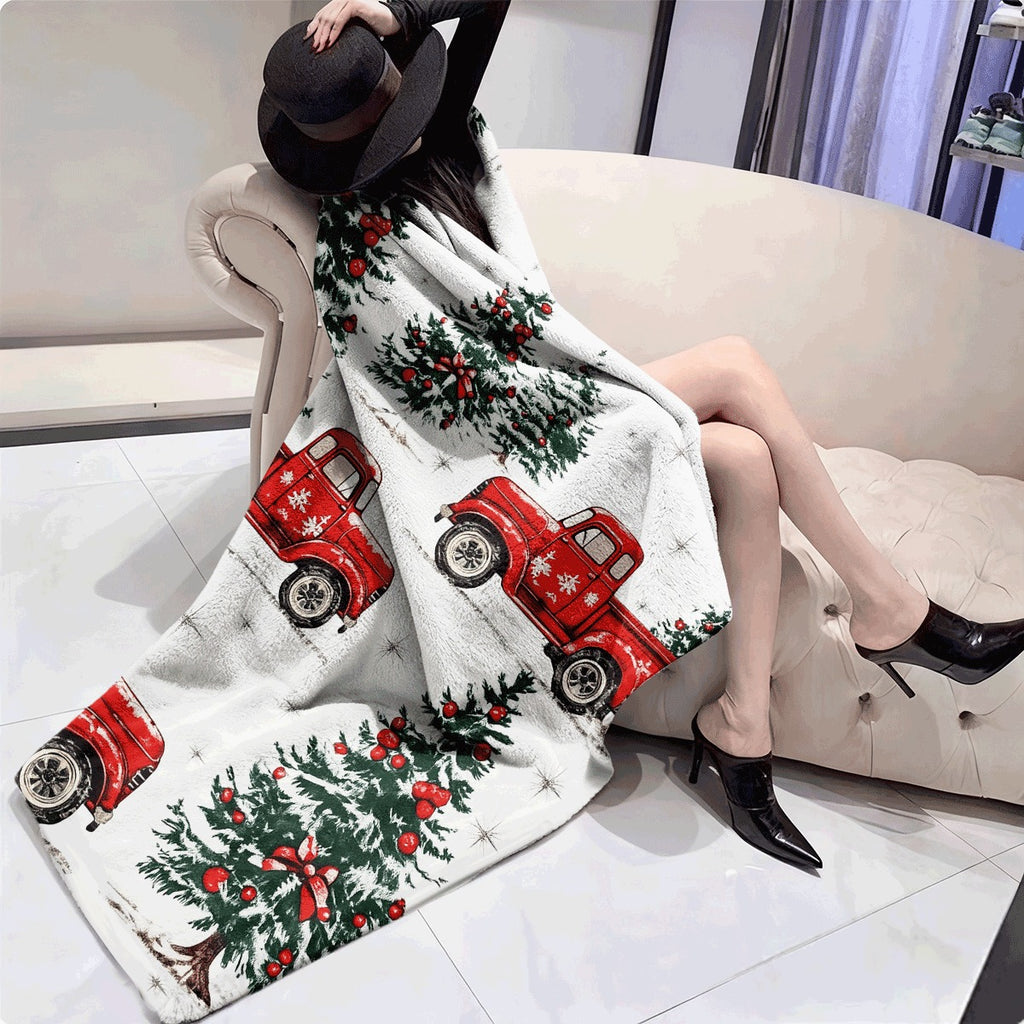 1pc Christmas Winter Red Truck And Tree Flannel Blanket Cozy Warm Throw for Sofa Festive Xmas Home Decor with Snowy Christmas Trees Holiday Plush Blanket