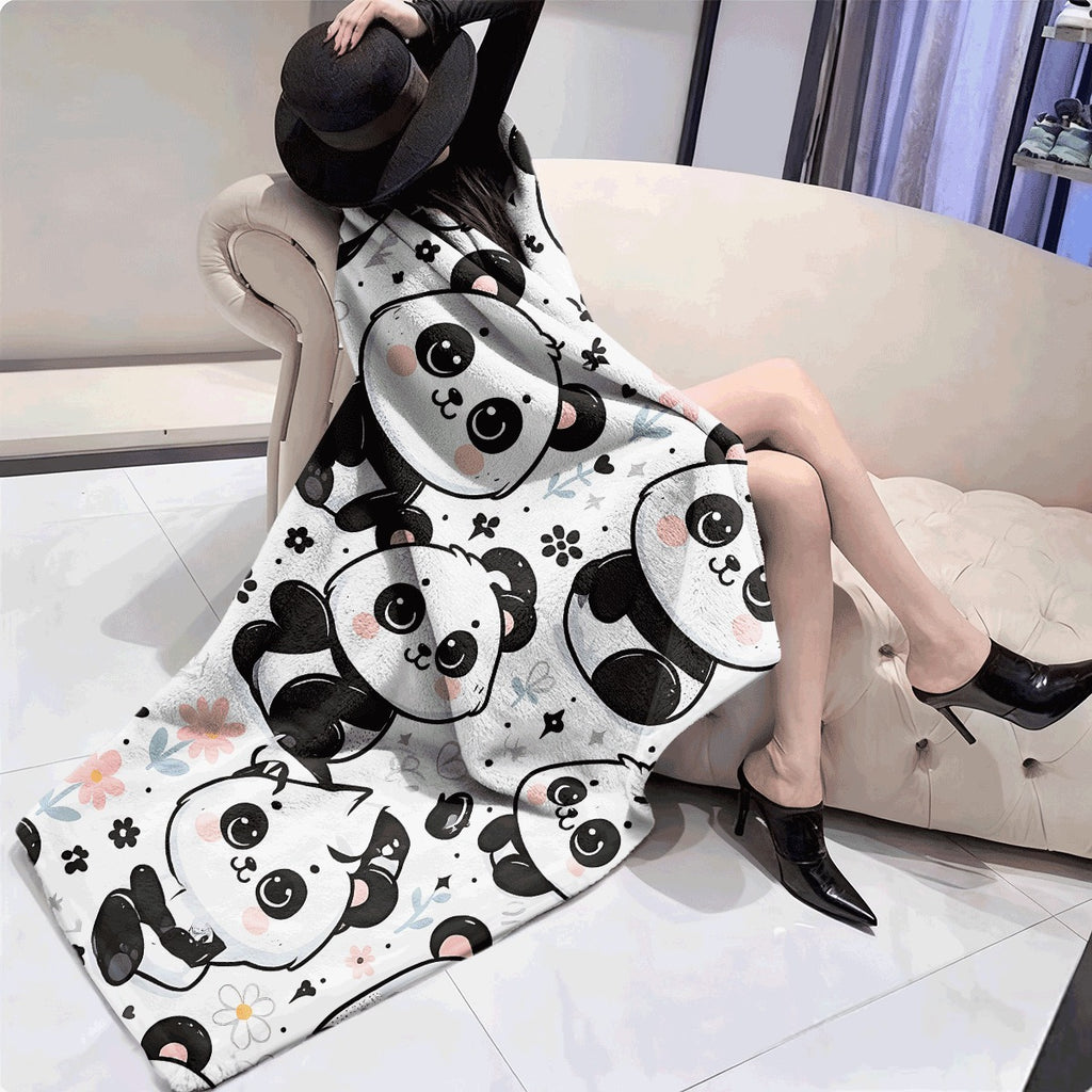 1pc Cute for panda Pattern Flannel Blanket Sweet Pastel Flowers And Adorable for panda Print Ultra-Soft All-Season Throw for Couch Sofa Cozy Gift for Panda Lovers