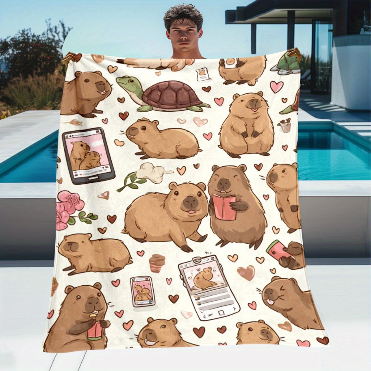 1pc Cute Capybara Patterned Blanket, Cartoon Design, Soft Plush, Flannel Material Lightweight And Durable, Multiple Sizes Available, Ideal for Christmas Holiday Decor And Gifting, Living Room Leisure, Bedroom Warmth, Office Nap