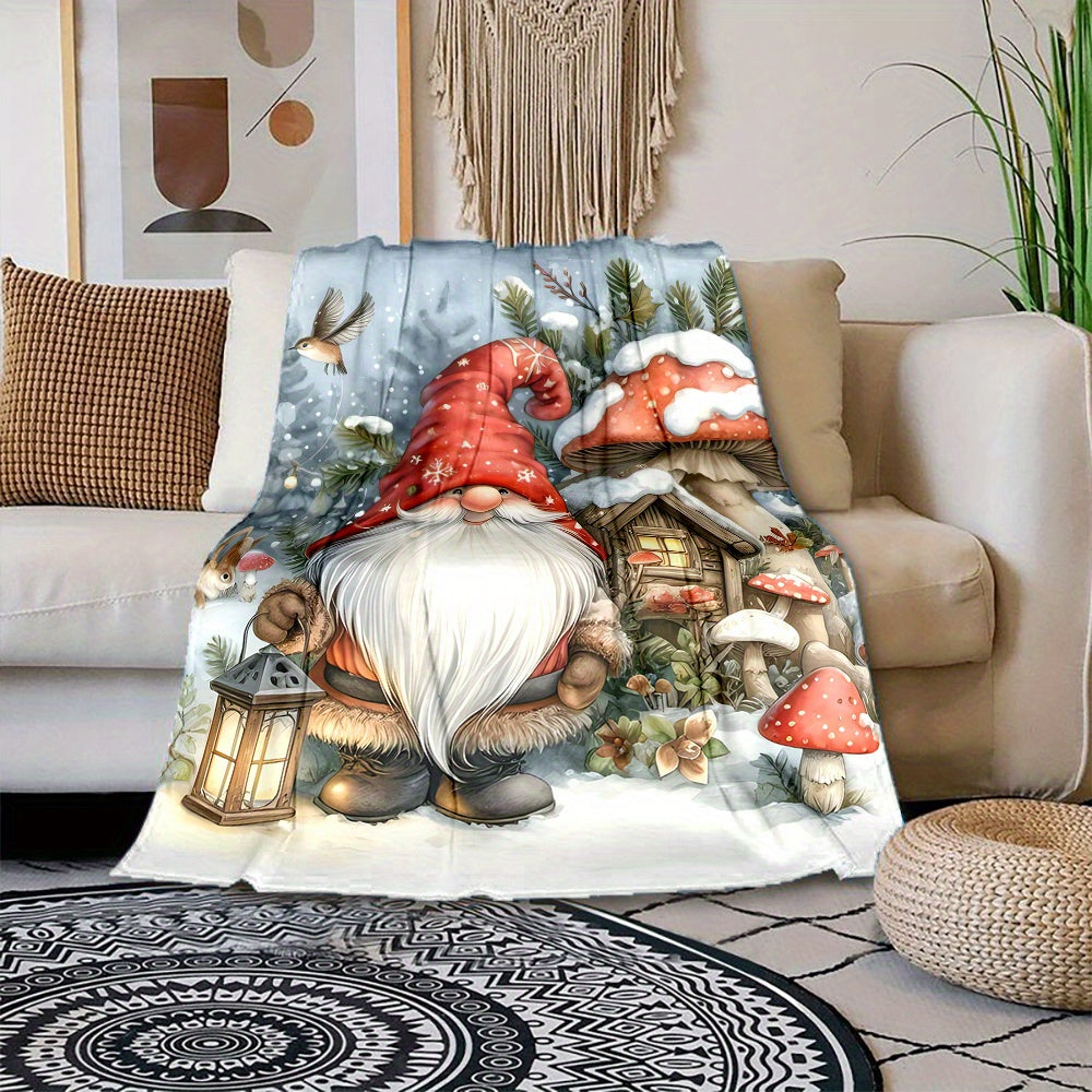 1pc Christmas Elf And Snowy Mushroom Pattern Red Design Flannel Oversized Blanket, Multi-Size Full-Body Blanket, Christmas Winter Decor, Durable Plush, All-Season Use, Suitable for Holiday Home Decoration, Reading Time, Weekend Sofa Nap