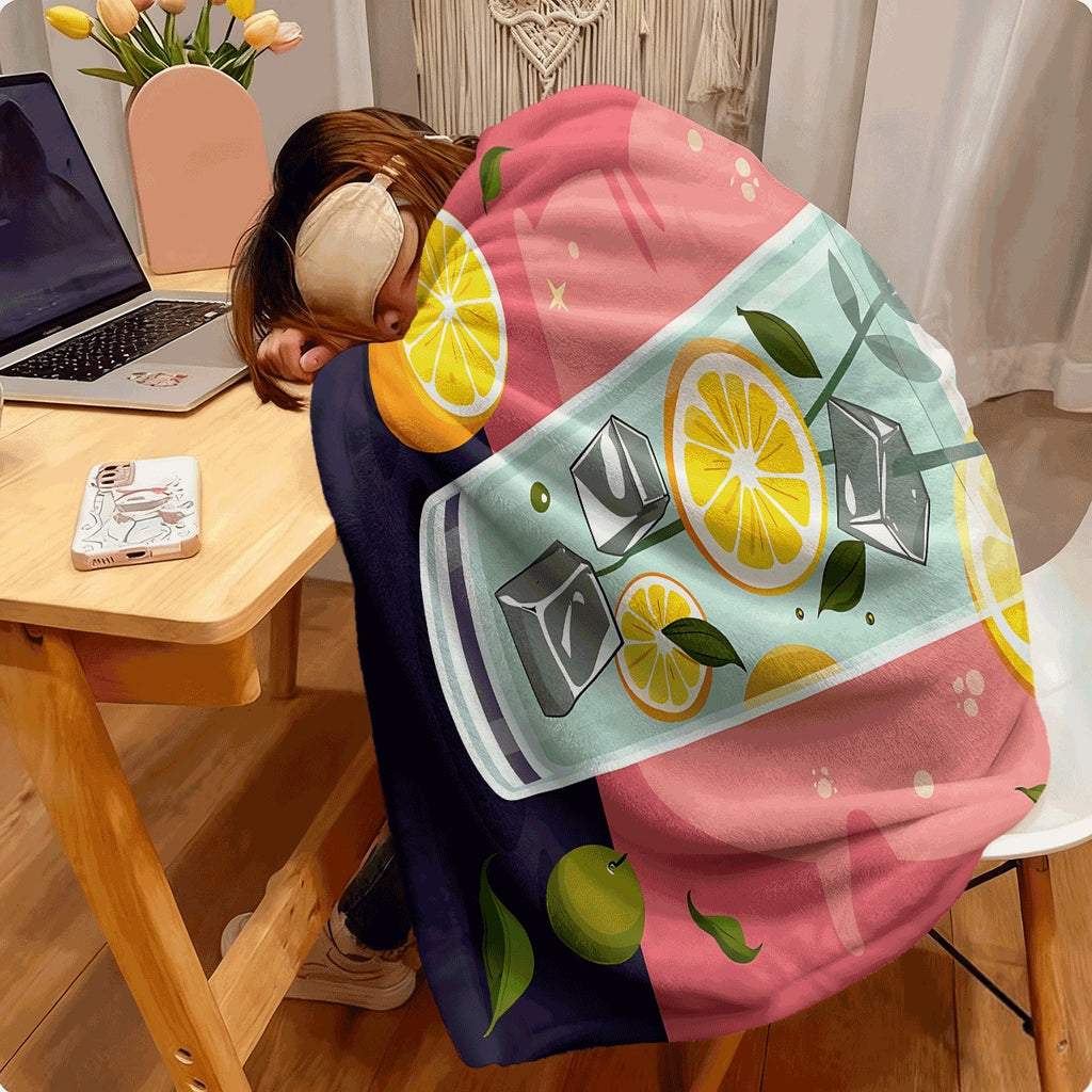 1pc Gin & Tonic Flannel Blanket Vibrant Retro Roostertail Print with Lemons Ice and Herbs Soft Cozy Throw for Sofa Colorful Summer Drink Themed Flannel Fabric