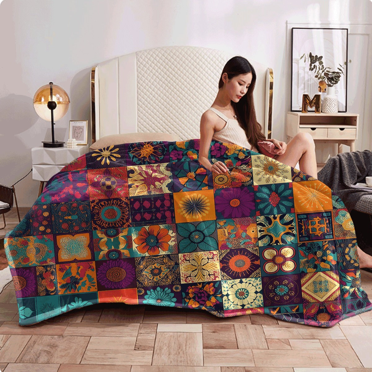 1pc of Ultra-Soft Bohemian Vintage Floral Print Flannel Throw Blanket Cozy Twin Size Blanket Suitable for Bed, Couch, Chair, Office, And Camping Perfect Gift for All Seasons And Holidays