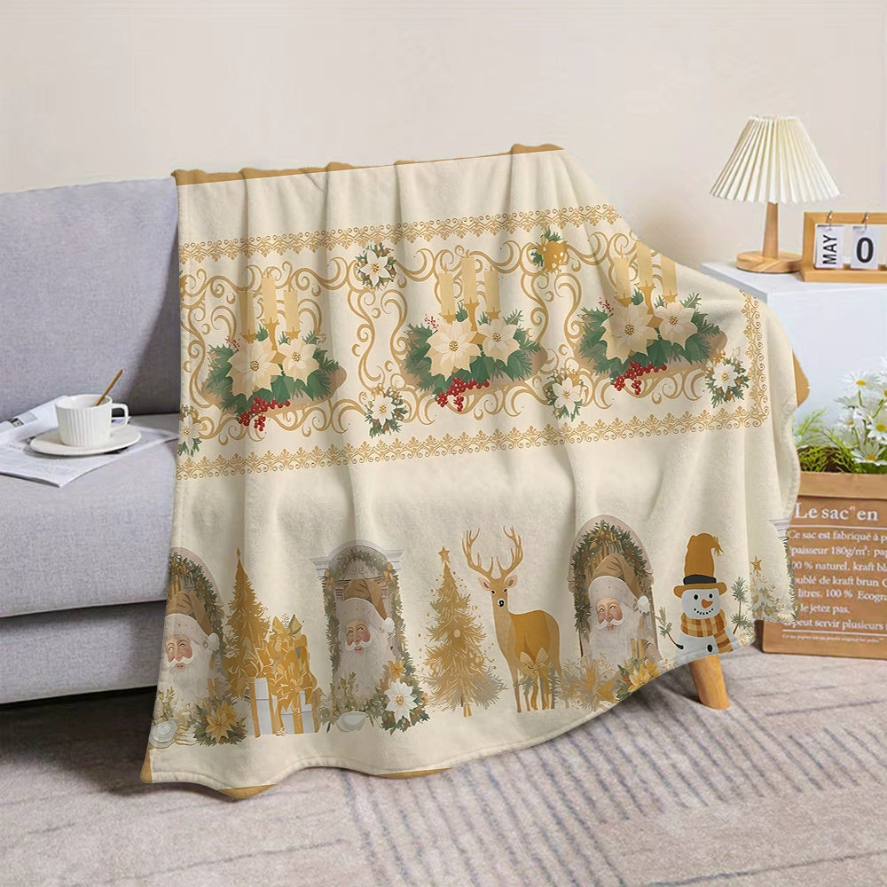 1pc Santa Claus And Reindeer Floral Pattern with Golden Border Design Flannel Blanket, Soft Comfortable Warm, Cream Retro Style, All-Season Sofa Blanket, Warm Coverlet, Multiple Sizes Available, Suitable for Living Room Sofa, Bedroom