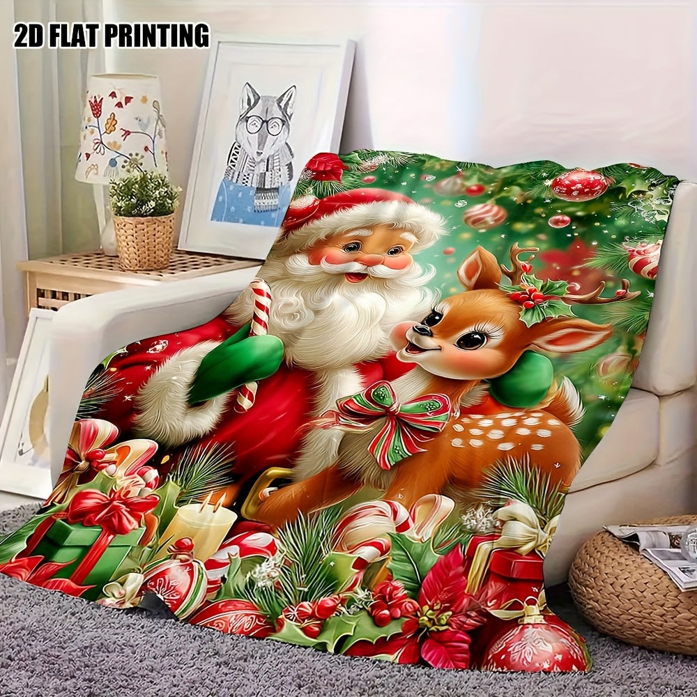 2D Flat Printing Christmas Multi-Functional Blanket with Cute Santa, Reindeer, And Candy Bar Design. Made of 100% Polyester Fiber, Perfect for Thanksgiving Gifts. Ideal for Parties, Karaoke, Sofas, And Pets
