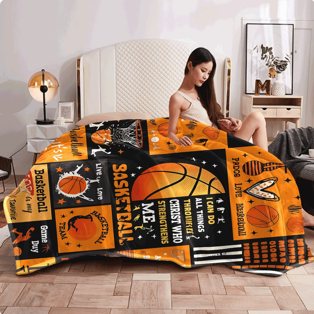 1pc Flannel Blanket Ultra-Soft Orange & Black Throw with Stylish Basketball Theme Prints Cozy Warm Fabric for Sofa Perfect for Basketball Lovers Lightweight Plush Flannel for All-Season Comfort