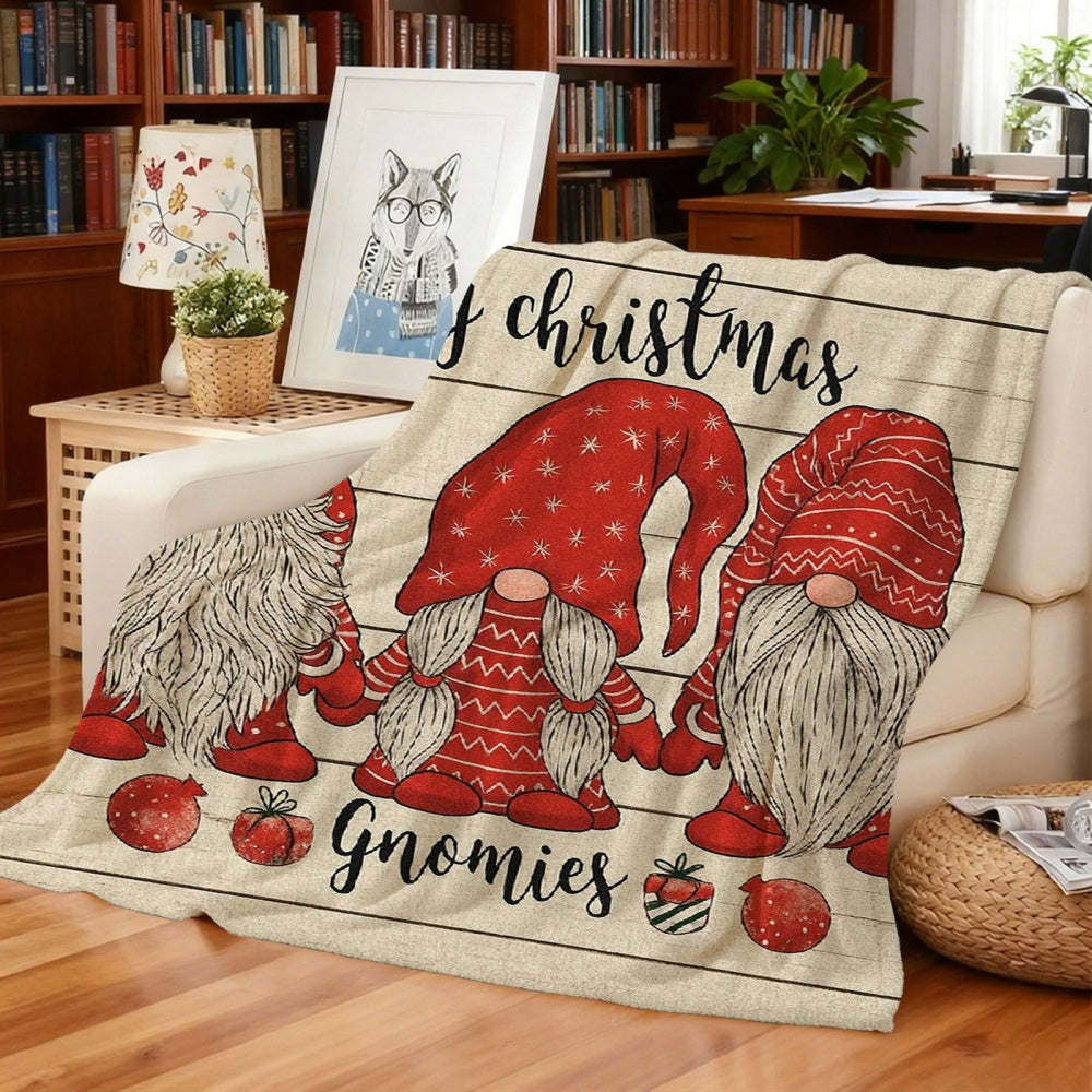 1pc Christmas Red "Gnomies" Pattern Cream Beige Flannel Blanket, Festive Warm Design, Soft Plush All-Season Use, Suitable for Reading Time, Home Nap, And Holiday Decor