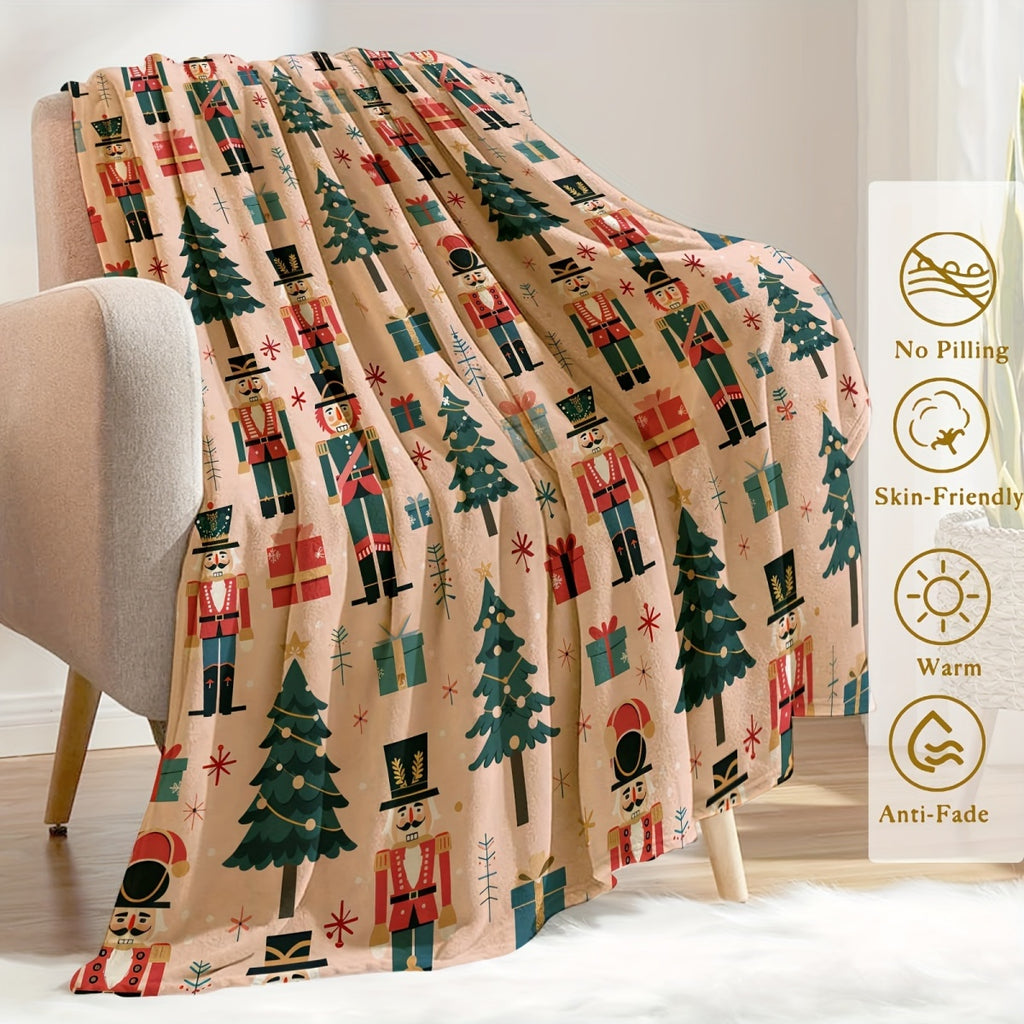 1pc 2D Flat-printed Christmas Nutcracker and Pine Tree Gift Box Pattern Blanket, Soft Flannel Throw, Beige Vintage Design, Suitable for All Seasons, Warm Cover Blanket, Multiple Sizes Available, Suitable for Living Room Sofa, Bedroom Headboard