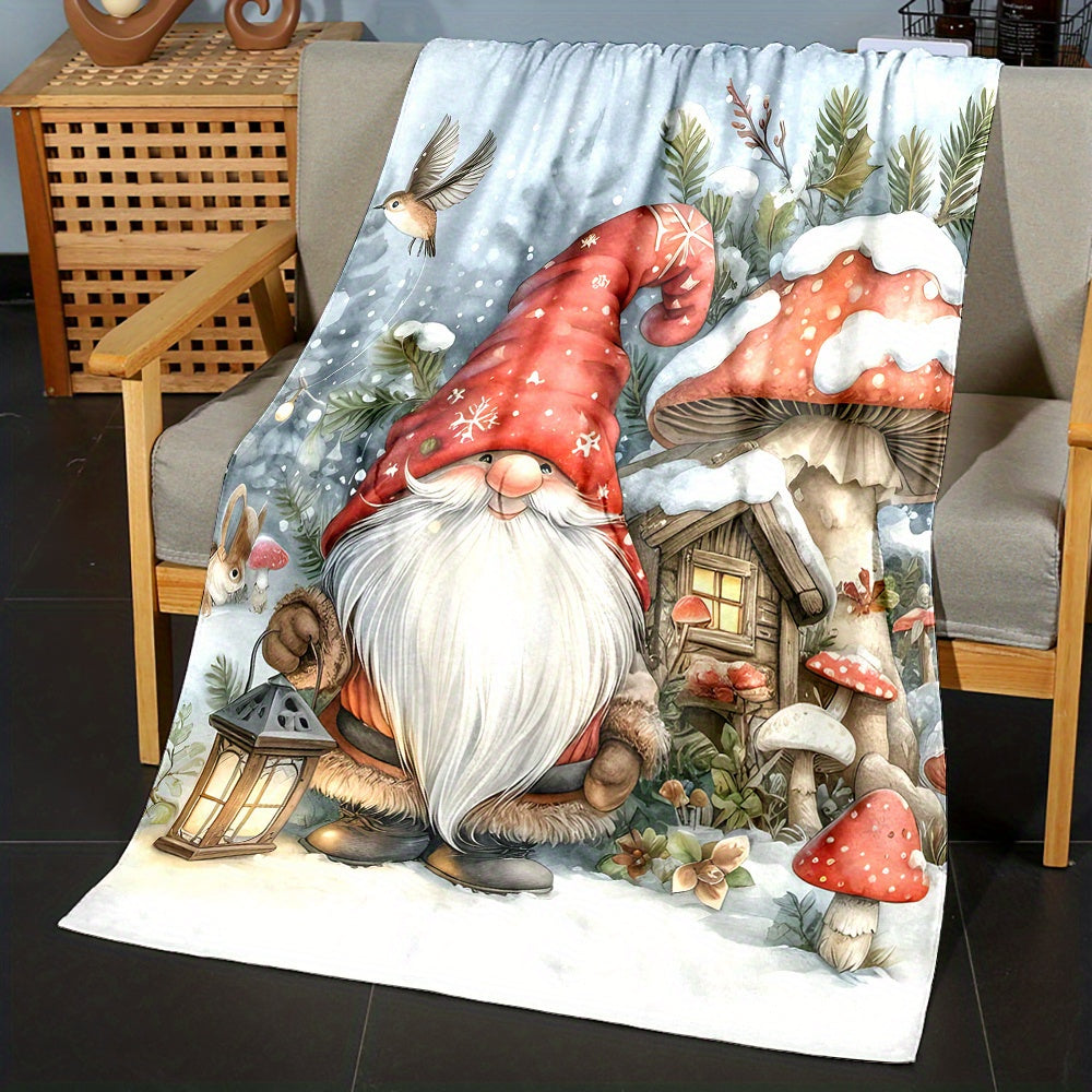 1pc Christmas Elf And Snowy Mushroom Pattern Red Design Flannel Oversized Blanket, Multi-Size Full-Body Blanket, Christmas Winter Decor, Durable Plush, All-Season Use, Suitable for Holiday Home Decoration, Reading Time, Weekend Sofa Nap