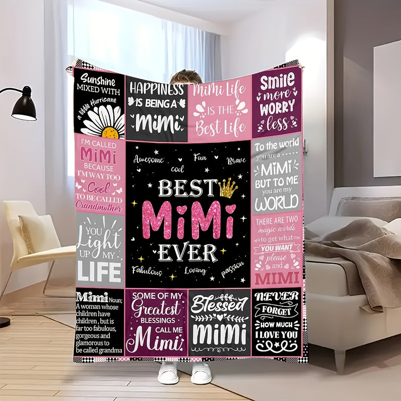 1pc Cozy Best Mimi Ever Pink Plaid Patchwork Flannel Throw Blanket- Soft, Warm, and Stylish with Heartfelt Quotes- Perfect for Sofa, Bed, Office, and Travel- Ideal Gift for Birthdays and Holidays, Travel Accessory| Playful Design| Flannel Blanket,