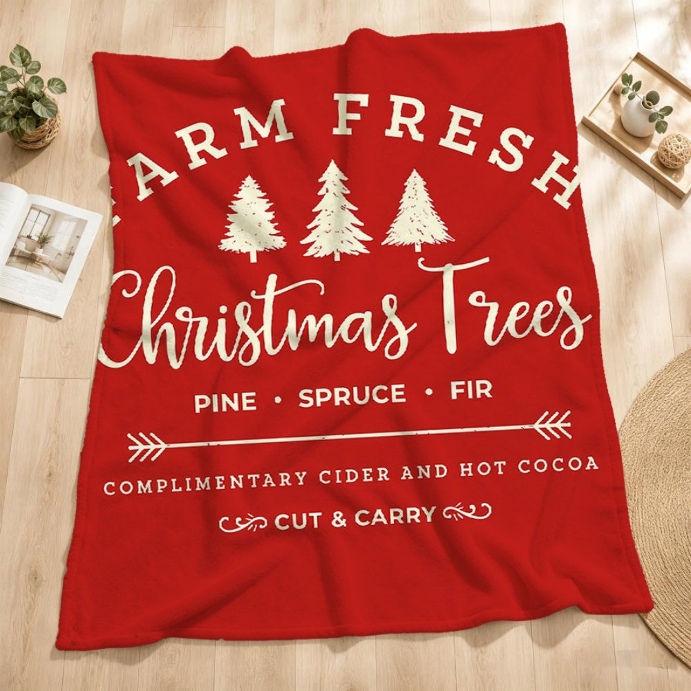 1pc Christmas Red Pine Tree And Holiday Text Design Flannel Blanket, Soft Plush All-Season Use, Suitable for Living Room Sofa Cover, Home Nap, And Reading Time