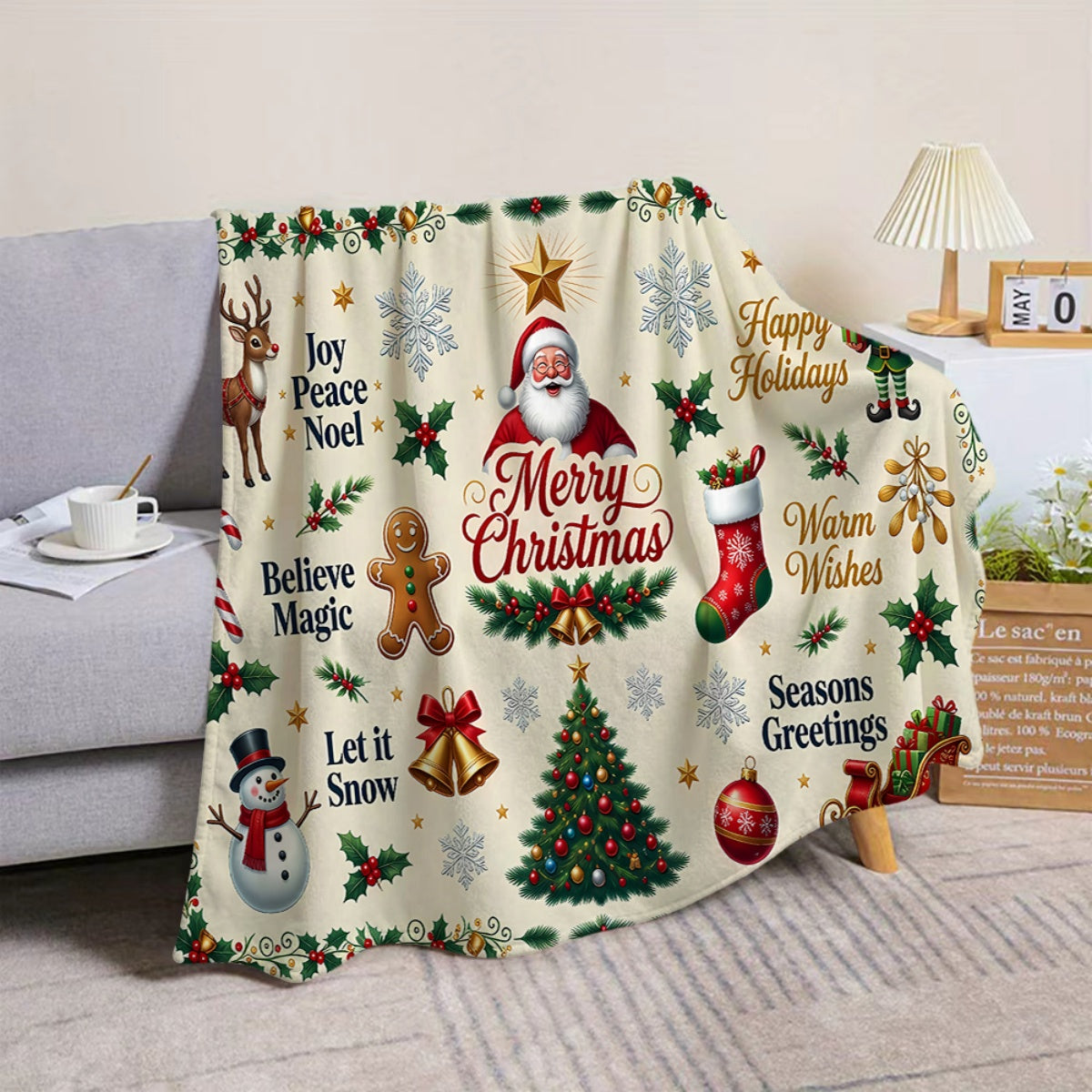 1pc, Santa And Reindeer Pattern Flannel Blanket, Soft Comfortable Warm, Beige Holiday Design, Durable Plush, All-Season Sofa Blanket, Warm Cover, Multiple Sizes Available, Suitable for Living Room Sofa, Bedroom, Reading Corner, Holiday Parties