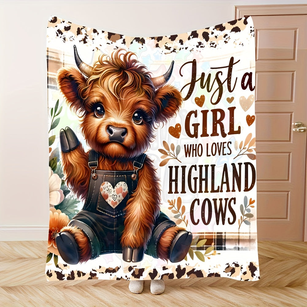 1pc a Cozy, Contemporary Flannel Blanket Featuring an Adorable Highland Cow Design. It'S Stylish, Soft, And Warm, Making It a Versatile Gift for Any Season. Perfect for Use on a Sofa, Bed, at The Office, Or While Traveling