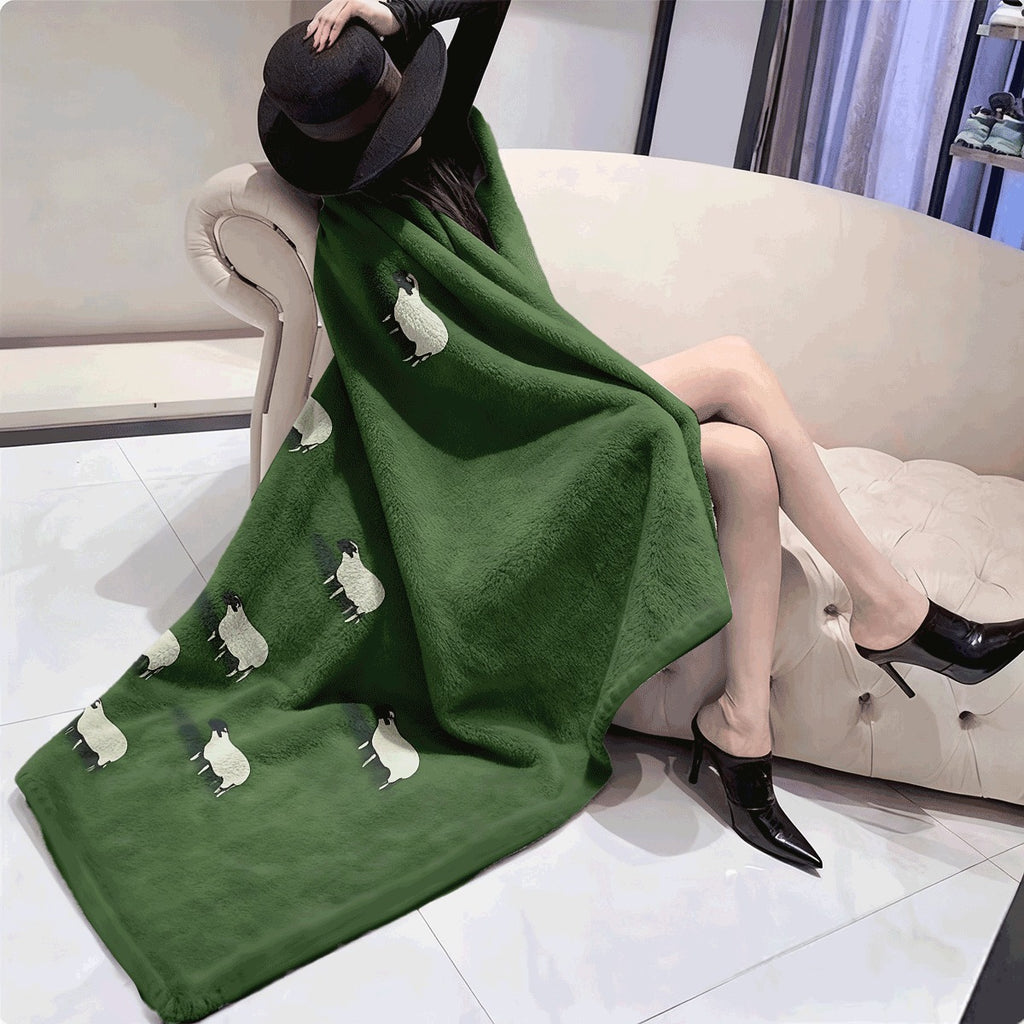 1pc Cute Flannel Throw Blanket Green Background with Adorable White Sheep Pattern Soft Warm Fabric for Sofa Cozy Home Decor