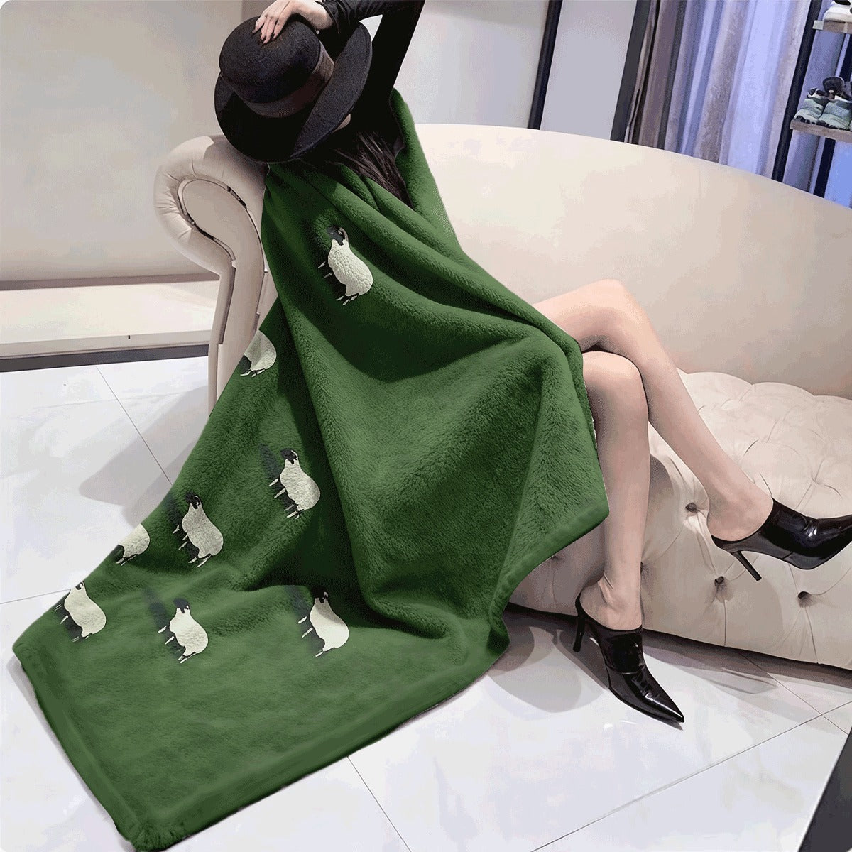 1pc Cute Flannel Throw Blanket Green Background with Adorable White Sheep Pattern Soft Warm Fabric for Sofa Cozy Home Decor