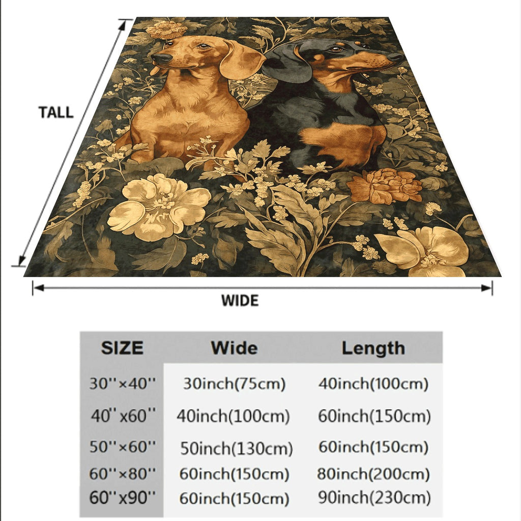 1pc Cozy Dachshund Dogs & Floral Frame Flannel Blanket Soft All-Season Office Throw, Vintage Fantasy Design with Two Dachshunds & Botanical Foliage, Warm-Toned Home Decor for Birthdays & Holida